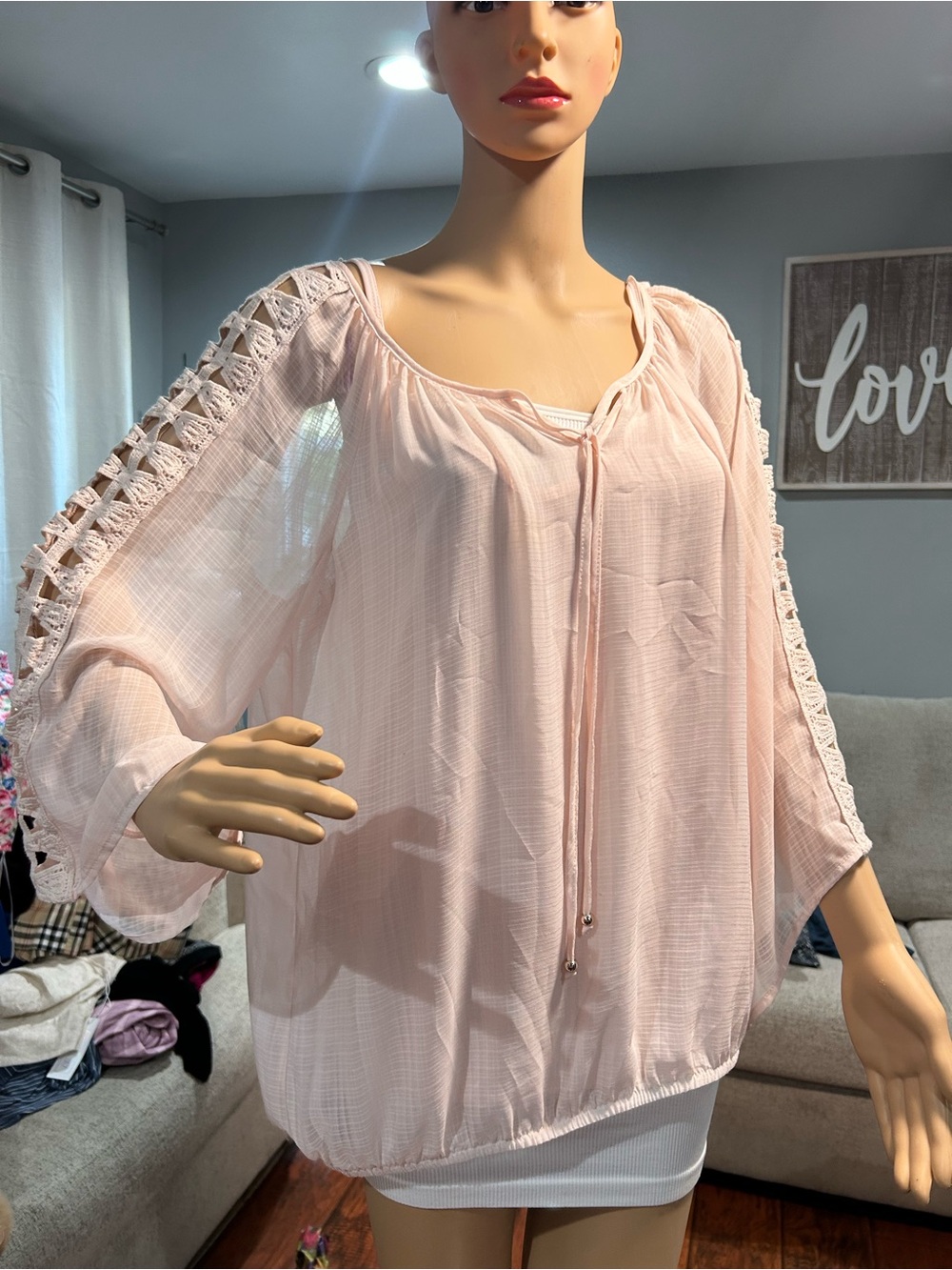 ALIX NYC Pale Pink Crochet-Sleeve Tie-Front Blouse